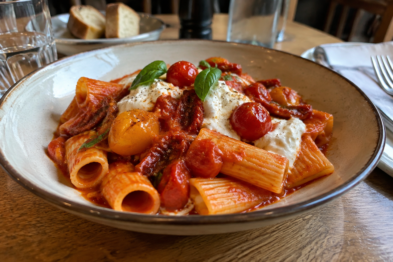 rigatoni aux trois tomates, stracciatella, tomates cerises confites et séchées, sauce tomate